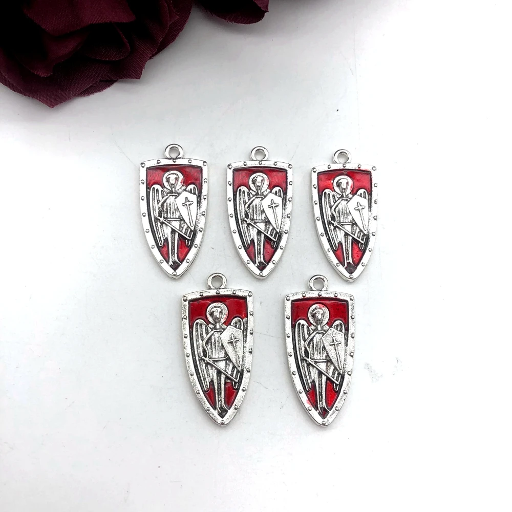 5 Pcs 32x16mm Punk Gothic  Red Oil Drip Knight Cross Shield Accessories Holy Shield Necklace Earrings DIY Handmade Jewelry