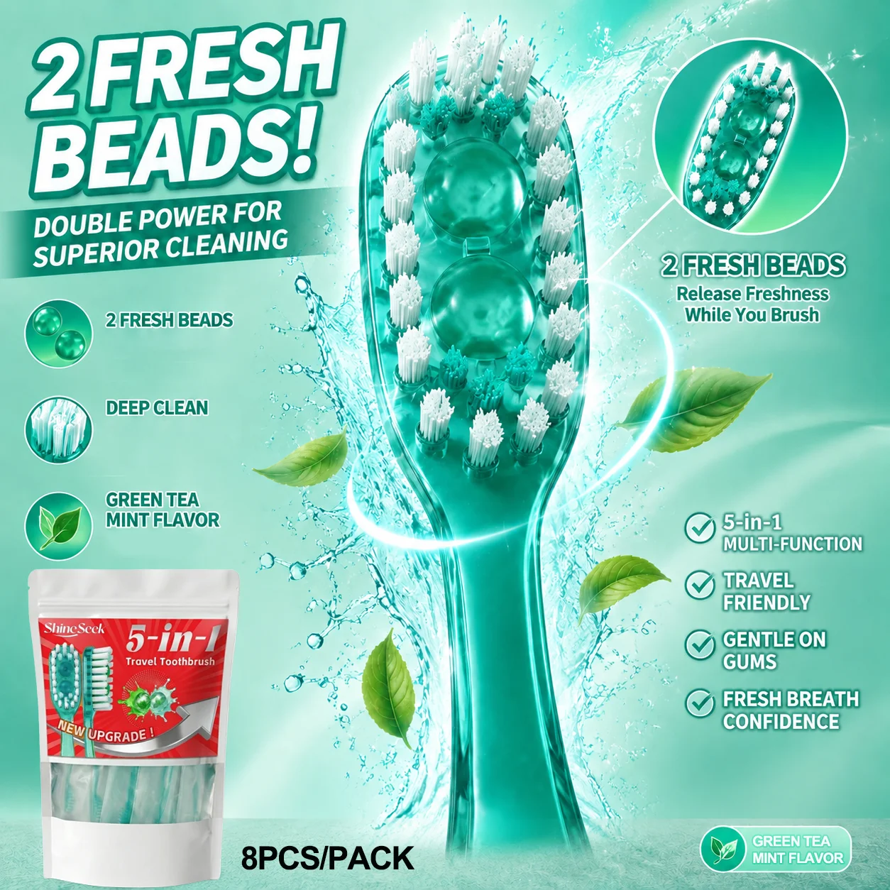 Newly Upgraded Dual-Effect Freshening Beads 8Pcs/Pack, Multifunctional 5-in-1 Cleaning Toothbrush, Green Tea Mint Flavor, Includes Two Freshening Beads + Toothbrush + Dental Floss + Interdental Cleaning Stick + Tongue Scraper, Five Major Features, Convenient and Soft, Soft Bristle Design, Teeth and Gum Care | Travel Essentials | Individually Packaged | Soft | Mint Green Tea Flavor | Travel Toothbrushes Are the Best Choice for Smart Families!