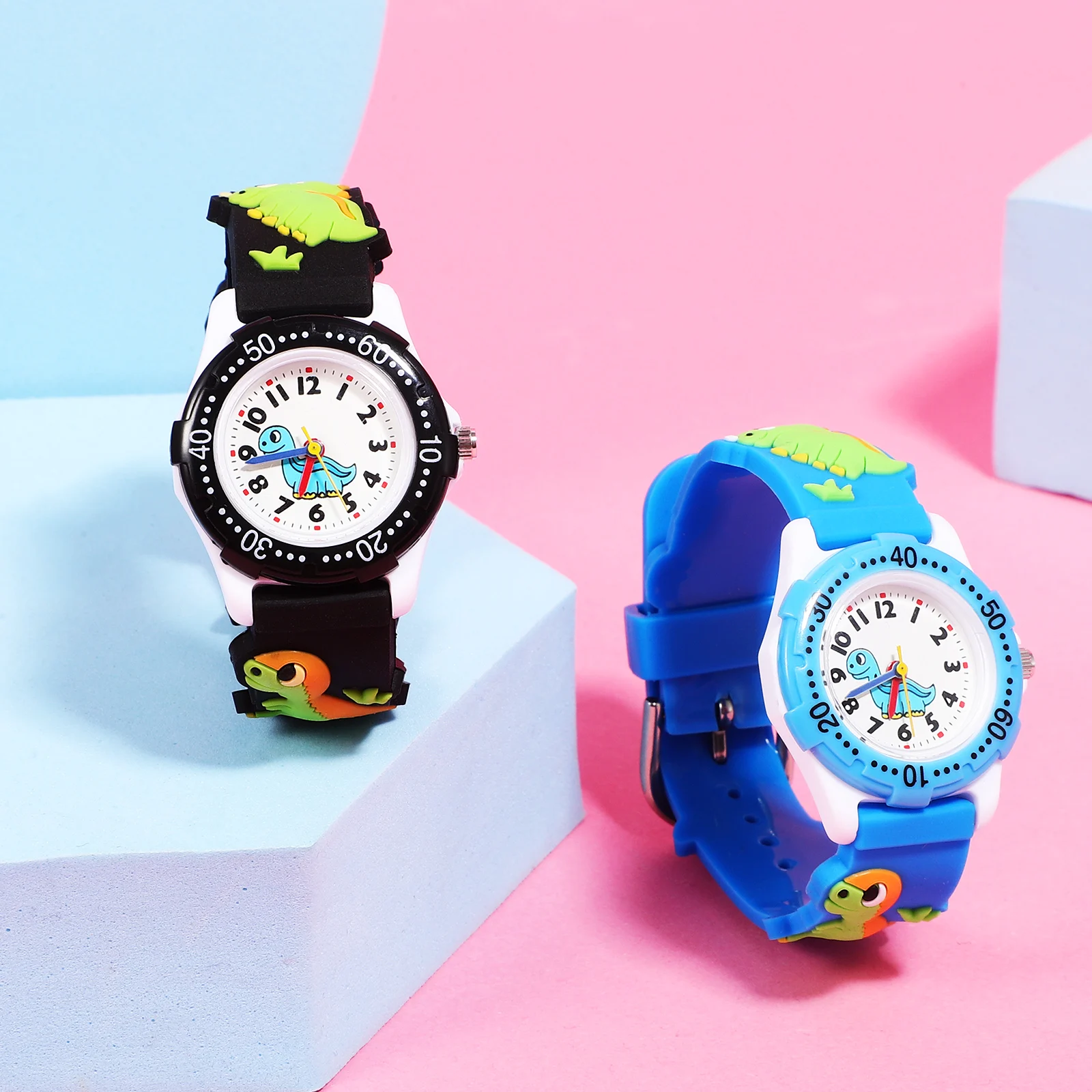 

2 pcs Waterproof Children Watches 3D Dinosaur Cartoon Design Time Learning Watch For Kids Pvc Strap Adjustable Quartz Watch Gift