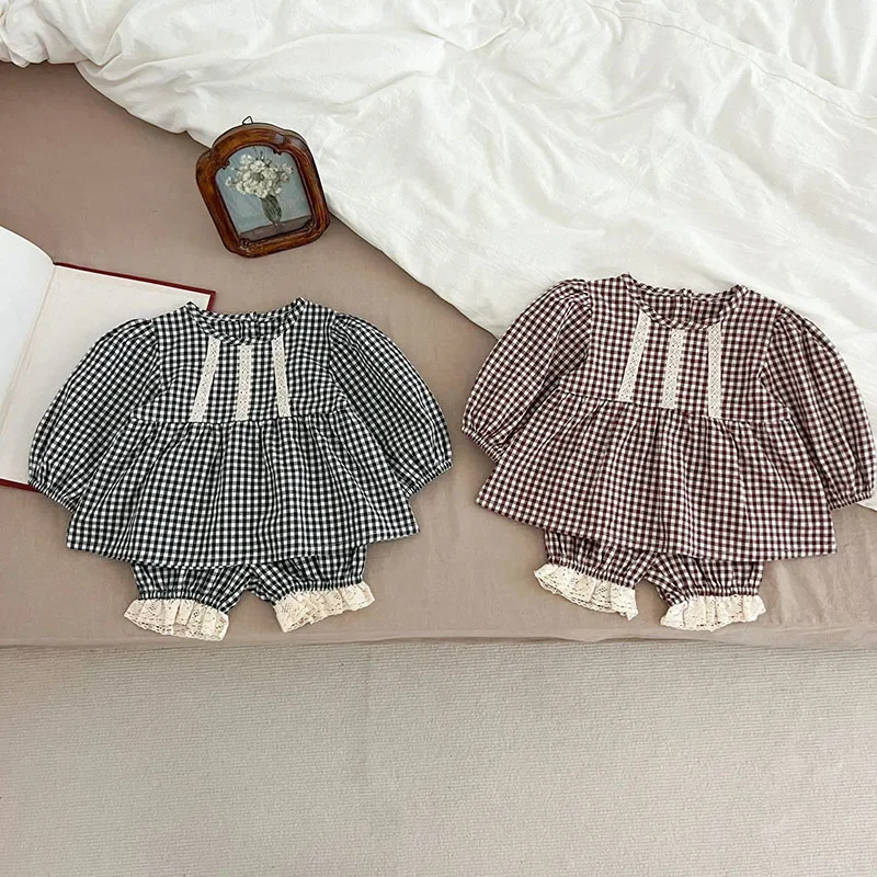 2024 New Autumn Infant Baby Girls Clothing Set Long Sleeved Cotton Lattice Shirt+Shorts Toddler Baby Girl Clothes Suit