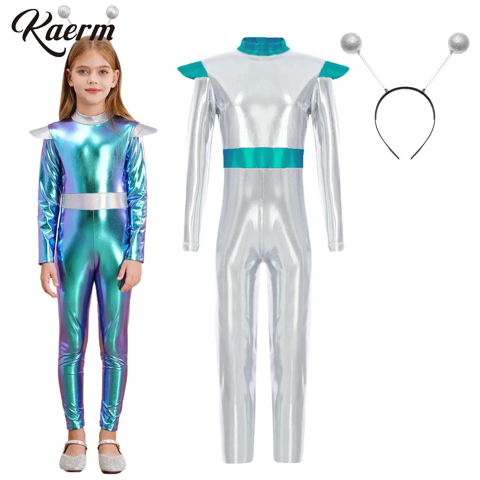 

Girls Alien Robot Halloween Outerspace Astronaut Cosplay Costume One Piece Jumpsuits Full Length Bodysuit with Hair Hoop Suit