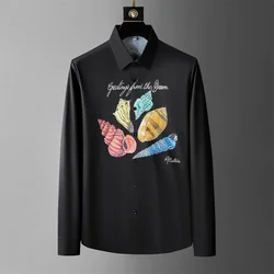 Luxury Brand Conch Print Long Sleeve Shirts Men 2024 Autumn Slim Fit Casual Business Shirt Social Banquet Party Shirt Streetwear