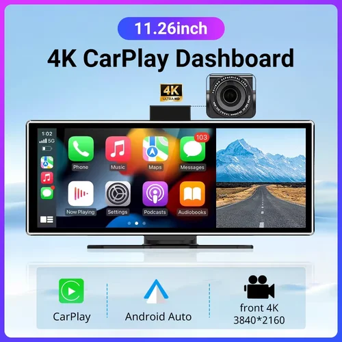 Nuevo 11,26 pulgadas 4K DVR inalámbrico CarPlay y Android Auto cámara de salpicadero portátil IPS pantalla táctil Bluetooth Audio grabadora de doble lente