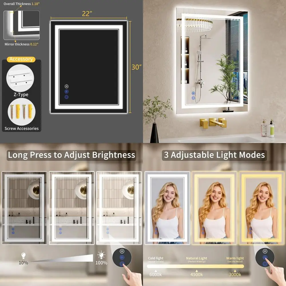 

22x30 Inch LED-Illuminated Bathroom Mirror, Anti-Fog, Backlit & Front Lit, Dimmable, Tempered Glass Vanity Mirror with 3 Color O