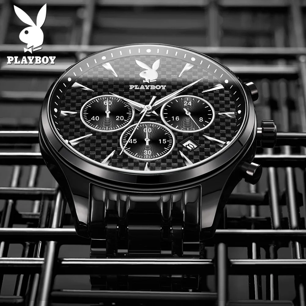 PLAYBOY Original Quartz Watch for Men Chronograph Business Men\'s Watches Waterproof Stainless Steel Luxury Brand Man Wristwatch