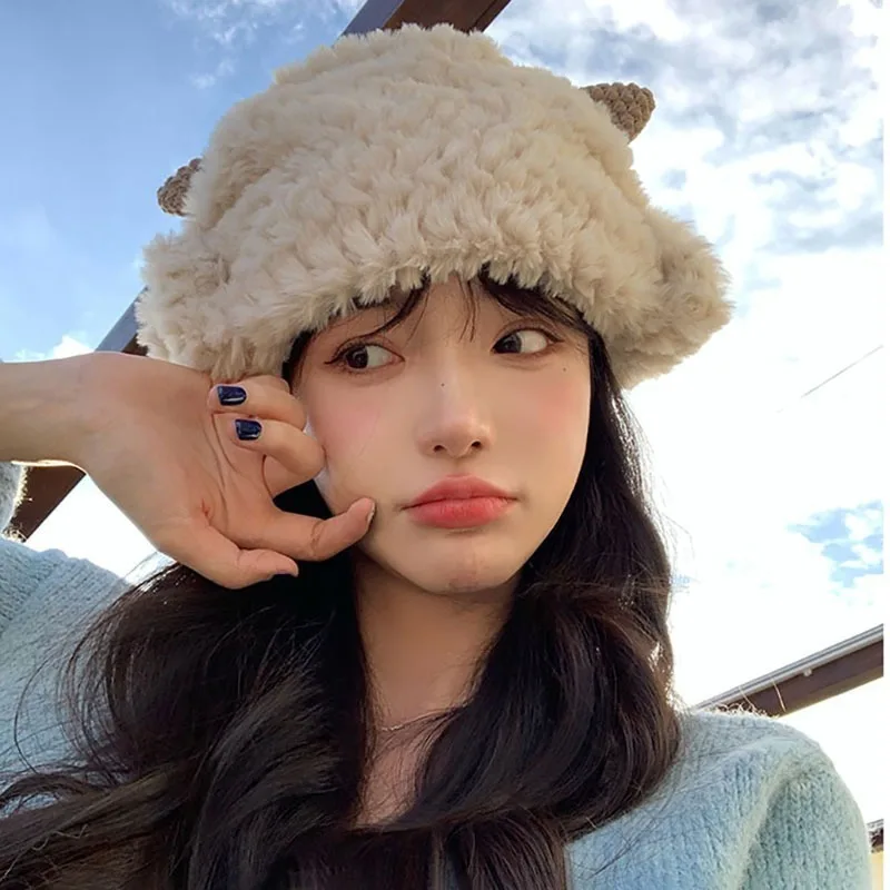 Lamb Wool Bucket Hat Bonnets for Women Sheep Ear Plush Panama Cap Faux Fur Soft Fisherman Hats Winter Outdoor Ear Protection Cap