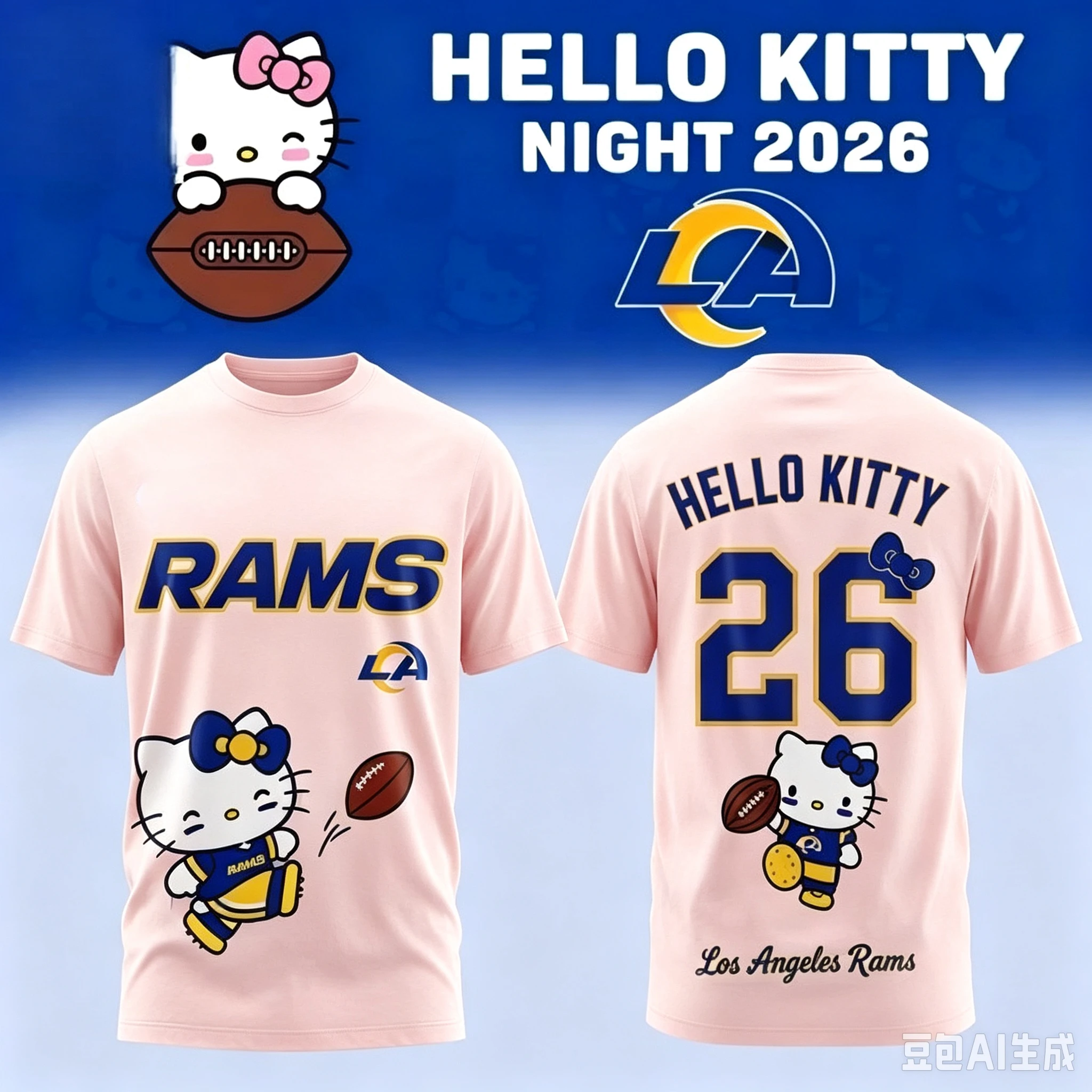 Los Angeles Rams Hello Kitty Night 2026 Men's and Women's Short Sleeved Cute Cartoon Kitty 26 Football Street Wear Casual Top