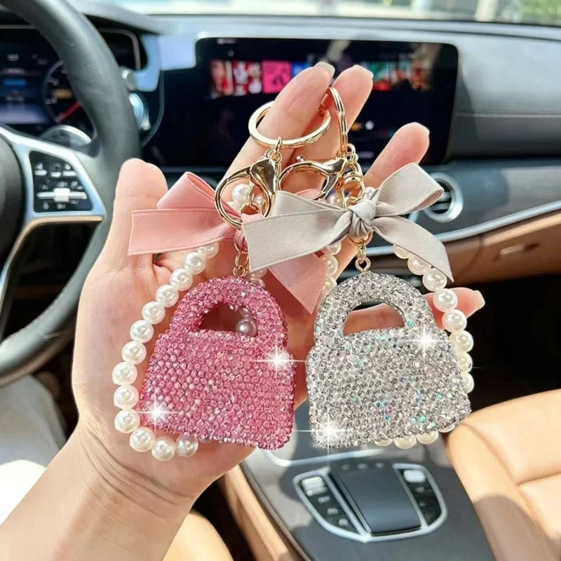 Fashion Bow Diamond Set Love Car Keychain Pearl Chain Peach Heart Bag Pendant Keychain Gift