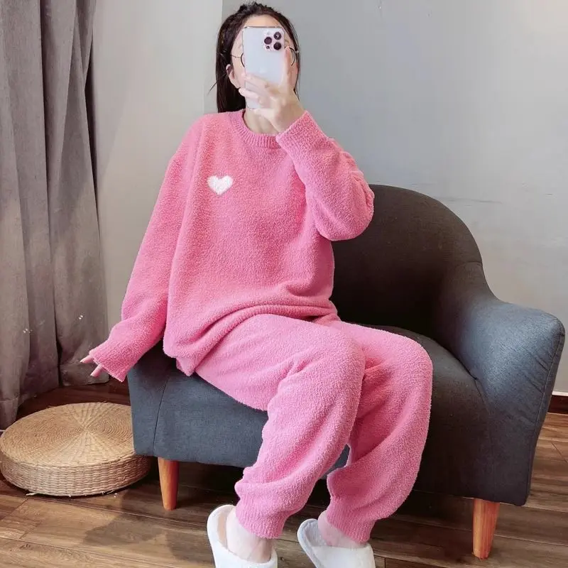 

Fleece Sleepwear Women Pajama Sets Winter Piiama New Warm Night Wears Pink Long Sleeve Home Suit Casual Sets for Women 2 Pieces