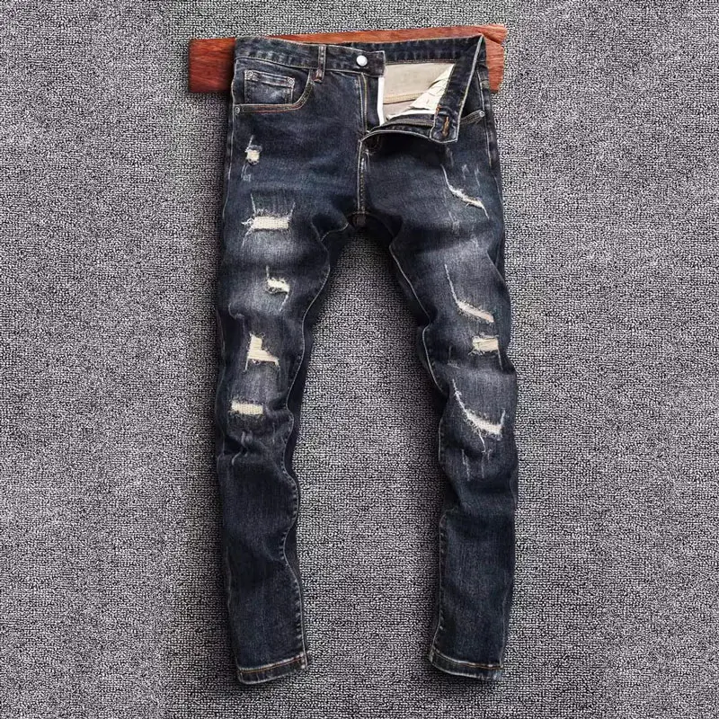 Newly Designer Fashion Men Jeans Vintage Dark Blue Stretch Skinny Fit Ripped Jeans Men Hole Patched Denim Pencil Pants Hombre