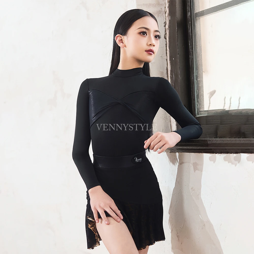 

Venny Latin Dance Dress for Girls, Long Sleeve High Neck Top with Leopard Print Mini Skirt, 2-Piece Training Set