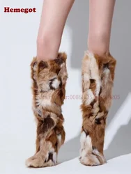 Animal Fur Knee High Boots Pointy Toe Thin Heels Warm Women's Boots Winter Splicing Stiletto Plush Casual Runway Shoes Sexy