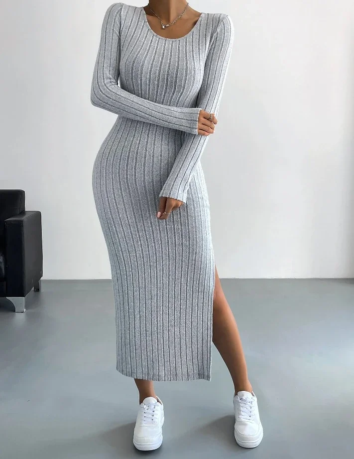 Casual Elegant Women Dresses 2023 Autumn Winter New Long Sleeve Round Neck Split Knit Fashion Slim Long Dress Female Clothing