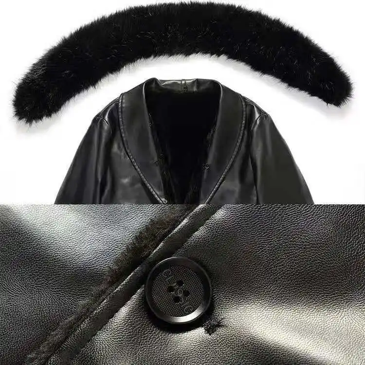 Winter Faux Fur Collar PU Leather Mens Velvet Thick Warm Fluffy Coat Long Sleeve Casual Black Windbreaker Jacket Male Plus Size