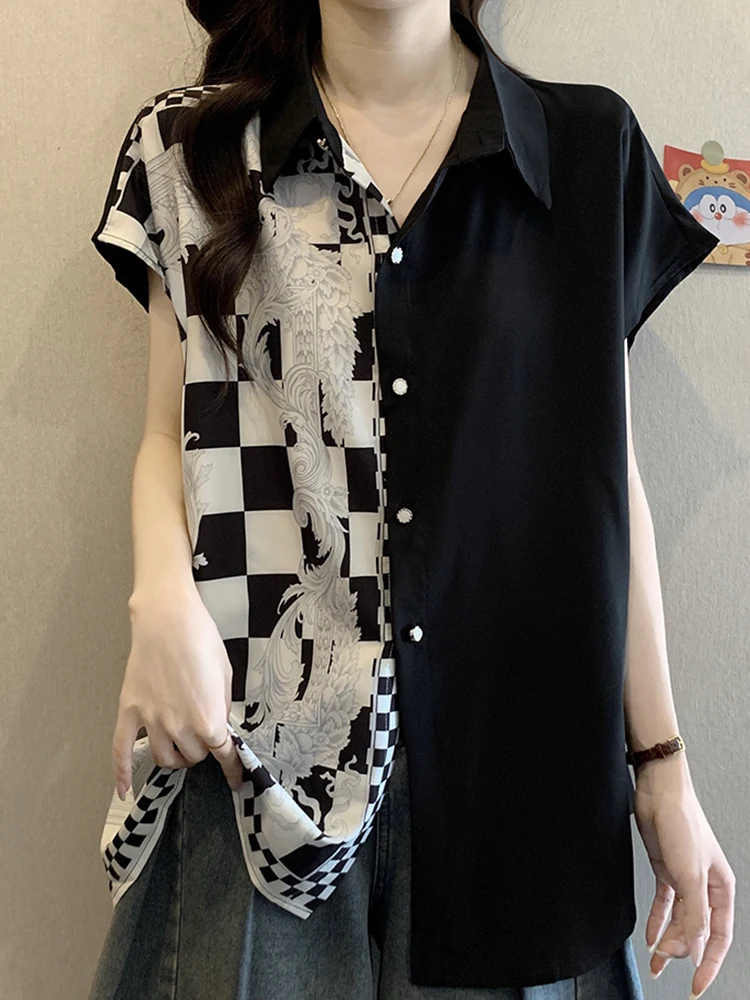 YERMORA الأبيض تقسم منقوشة طباعة بلوزة غير رسمية للنساء التلبيب قصيرة الأكمام فضفاضة قميص جديد موضة المد الربيع الصيف 2025