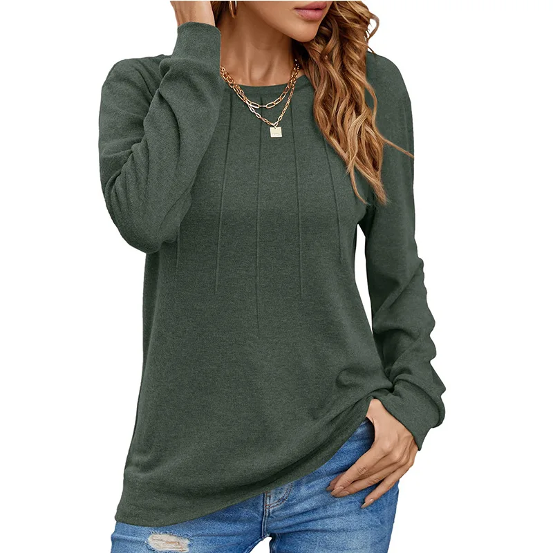 2023 New Autumn and Winter Fashion Solid Color Round Neck Pleated Waist Long Sleeve Temperament Commuter Women's Loose Top