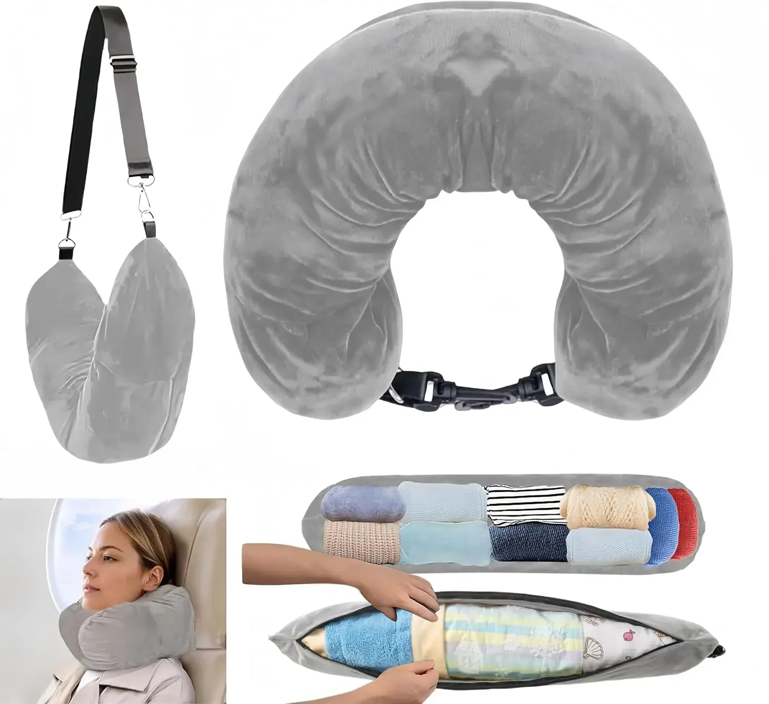 وسادة رقبة للسفر قابلة للتعبئة مع الملابس - تصميم مخملي فائق النعومة على شكل حرف U مع حقيبة تخزين للسفر بالطائرة للرجال والنساء