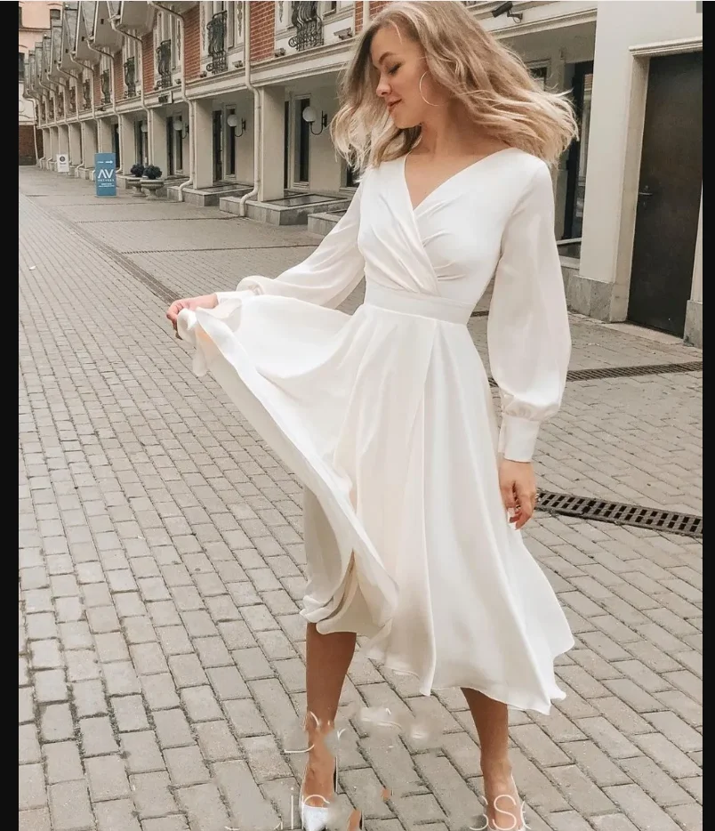 

Богемное свадебное платье, короткое простое шифоновое платье с v-образным вырезом длиной до колена, дешевые свадебные платья с длинными рукавами, великолепные для женщин, пляжные платья