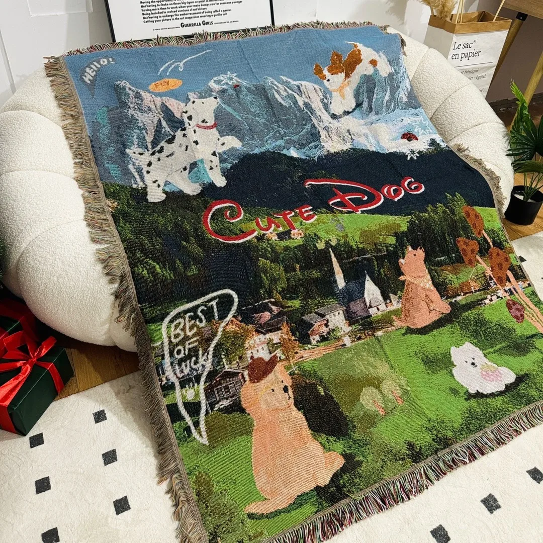 Snow Mountain Puppy Paradise Sofa Cover Slipcover Tapestry Blanket Landscape Single Knitted Camping Throw Wall Hanging Carpet