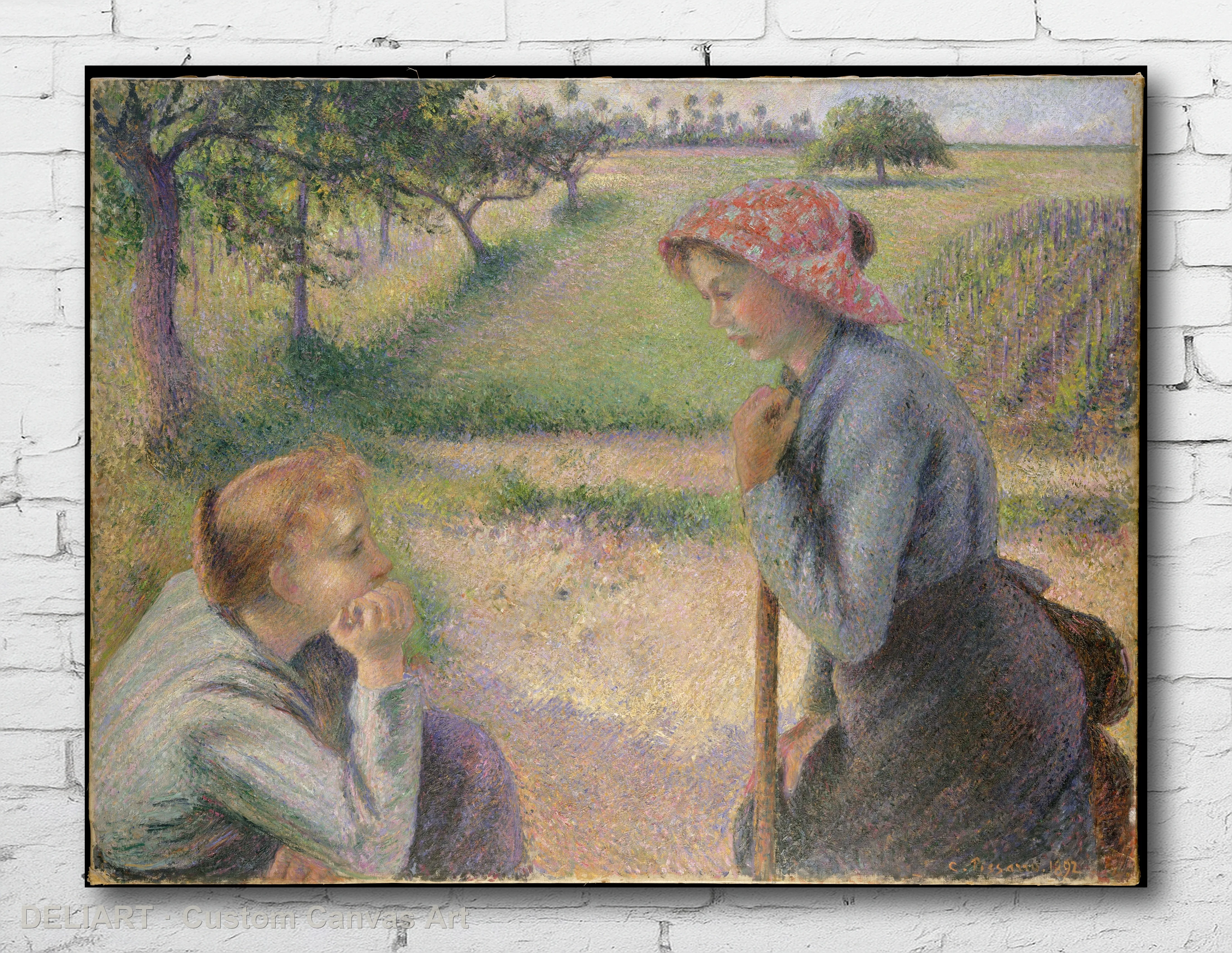 Two Young Peasant Women by Camille Pissarro - Impressionist Fine Art Canvas Wall Art Poster Print Vintage Home Decor Unframed