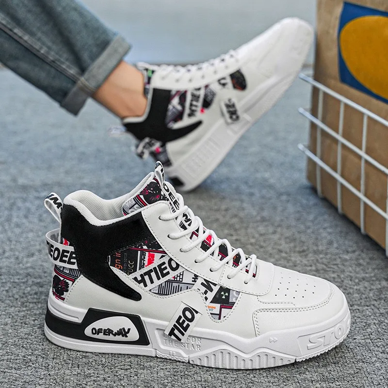 Men\'s High Top Sneakers Fashion Leather Casual Ankle Boots Street Skateboard Shoes for Men Lace Up Platform Shoe Tenis Masculino