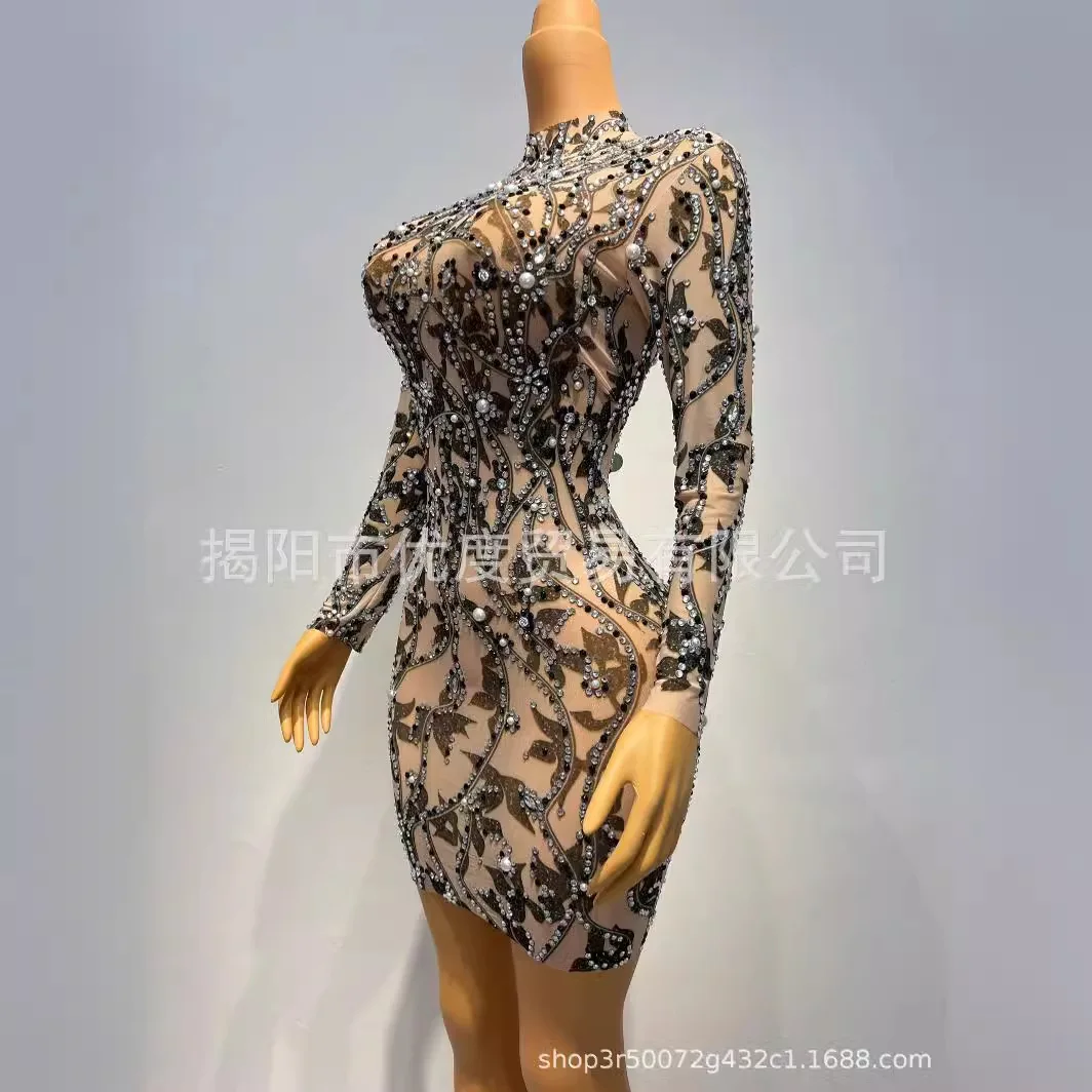 البرية لامعة مثير منظور شبكة حجر الراين فستان عيد ميلاد كوكتيل حفلة تنورة أداء فستان أسود ورقة حجر الراين فساتين