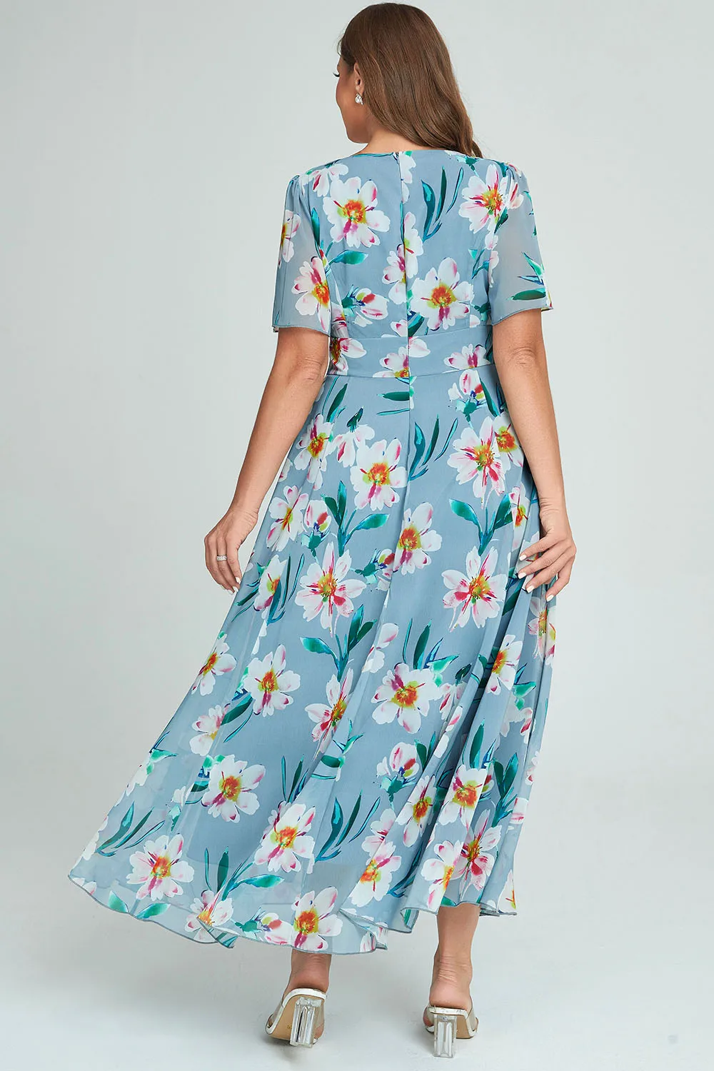 Mode Bloem Chiffon Jurk Plus Size Vakantie Jurk Vrouwen V Hals Korte Mouw Bloemenprint Boho Lange Jurken Gewaad Vestido