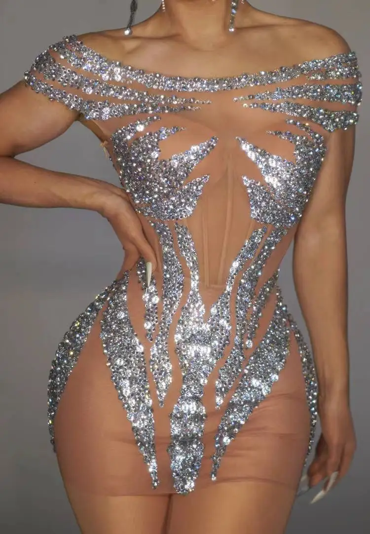 Flashing Small Diamond Sexy Off-The-Shoulder See-Through Sheath Dress Evening Party Performance Costume Singer Dancer Stage Wear