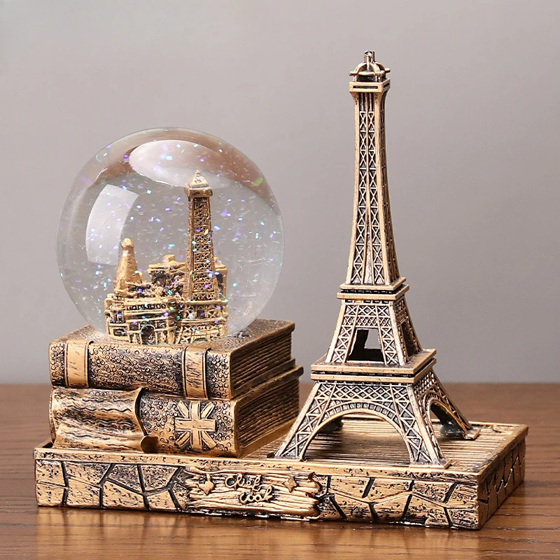 Vintage Eiffel Tower Figurine with Light-up Crystal Ball Music Box - Perfect Desk Decoration Perfect Graduation Gift Idea