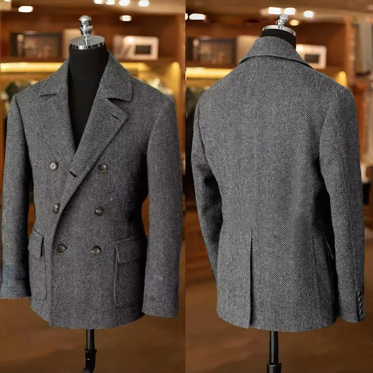 British Men's Blazers Vintage Herringbone Tweed Formal Jacket Wool Blend Double Breasted Casual Autumn Winter Suit Coat