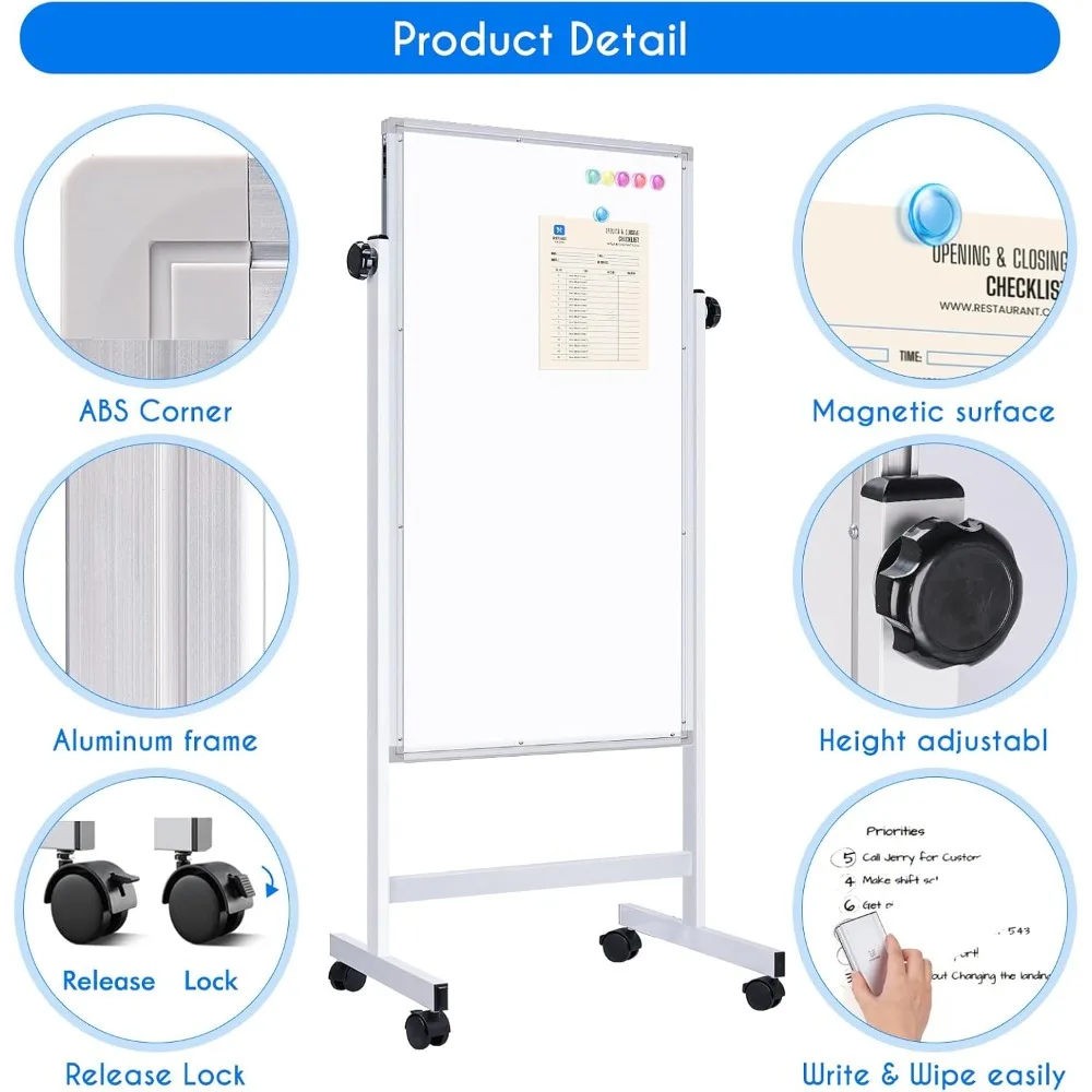 กระดานไวท์บอร์ดแบบมีล้อ Maxtek, ขนาด 48 x 24 นิ้ว ปรับความสูงได้, กระดานไวท์บอร์ดแม่เหล็กขนาดใหญ่แบบตั้งพื้นเคลื่อนที่ได้, กระดานแบบสองด้าน