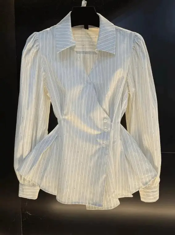 

Temperament Waist Cinched Long Sleeved Shirt Autumn New Item Striped Print Lapel Waist Cinched Women's Commuting Slim Fit Shirt