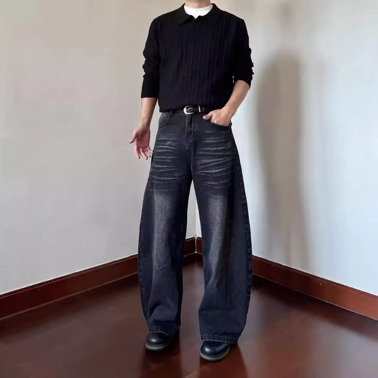 Men's Casual Jeans with Cat Whisker Pattern