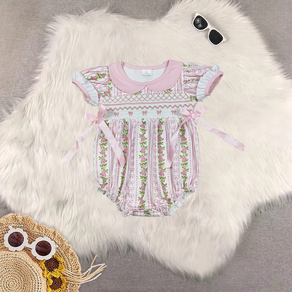 

8.14 Wholesale western boutique onesies Newborn toddler Smocked Embroidery Baby Infant Girls Pink Floral Bows Ruffle Rompers