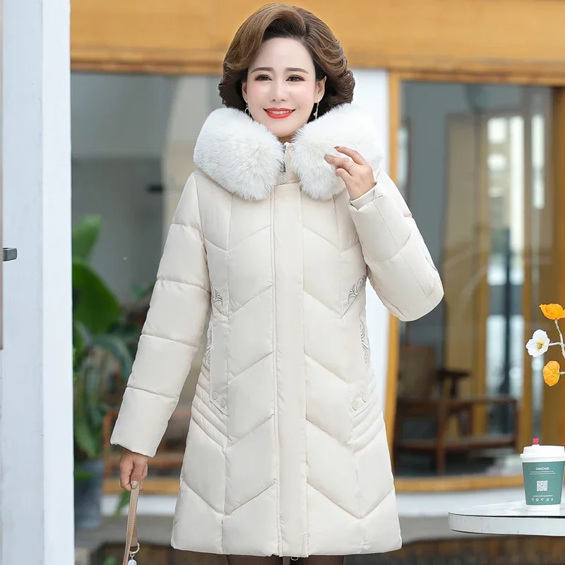 Middle-aged Women\'s Winter Coats Hooded Fur Collar 2023 New Casual Winter Clothes Women Down Jacket Thick Warm Loose Long Parkas