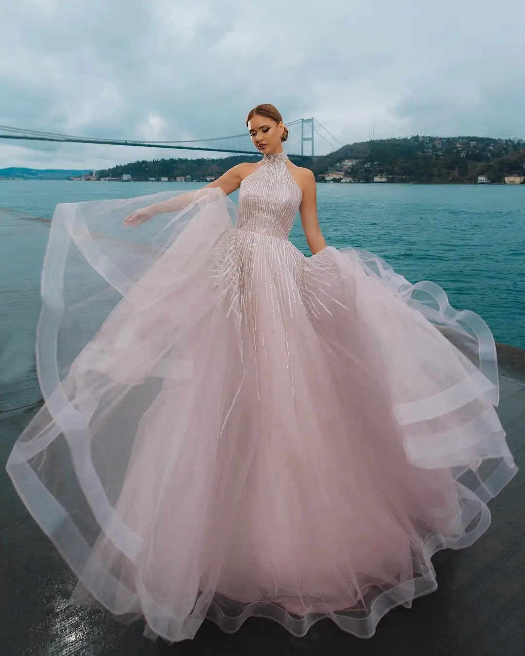 

Halter Beaded A-Line Evening Dress Tull Gowns for Women Party Gown Customized Prom Dress