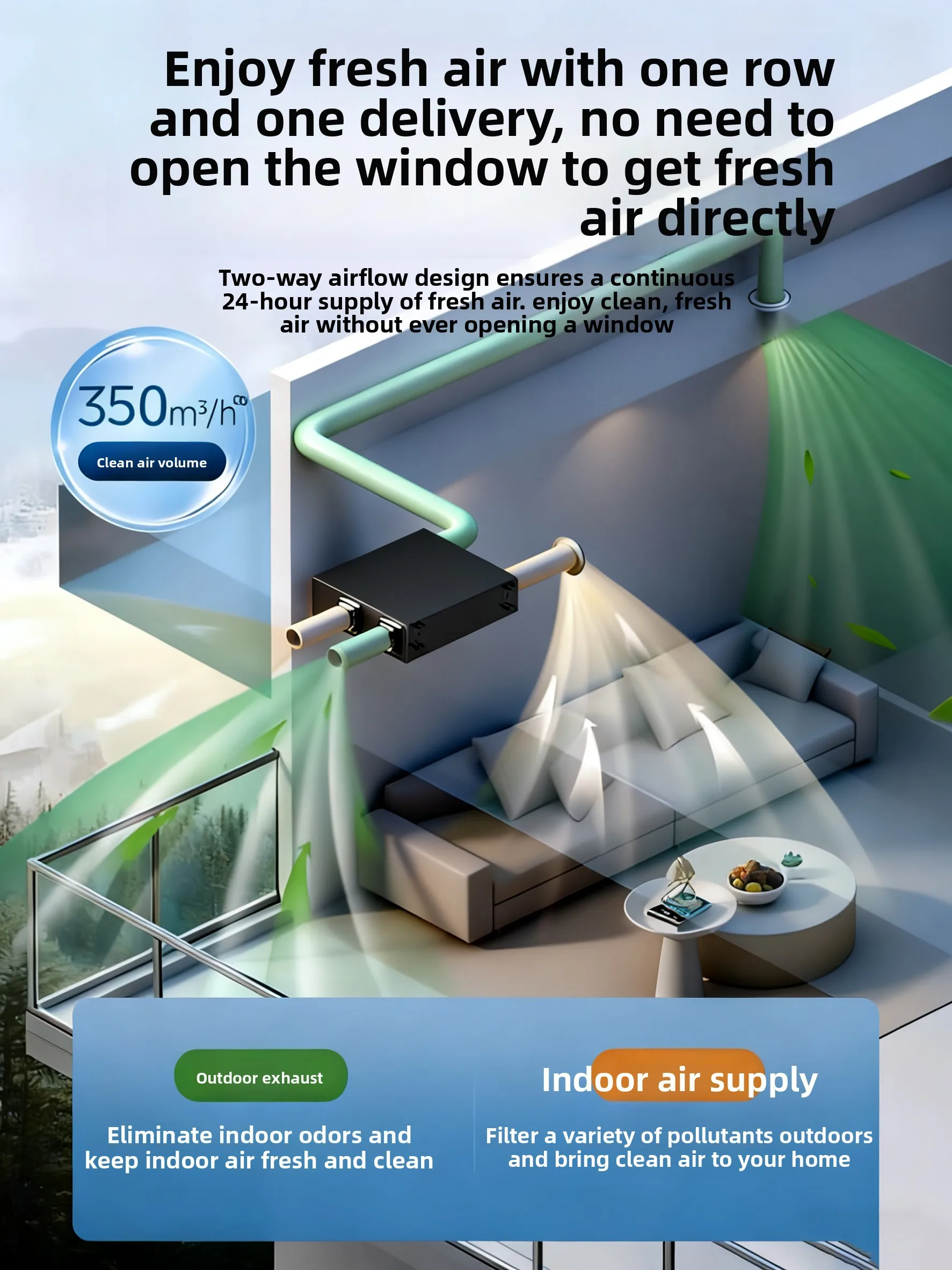 Fresh Air System Two-way Flow Machine Household Ventilation Exhaust Ultra-quiet Ventilation