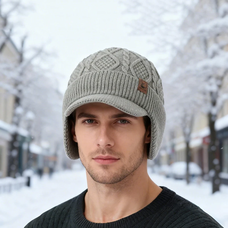 Fashion Men Winter Knitted Hat Plush Warmth Peaked Cap Earmuff Outdoor Casual Faux Fur Lined Bomber Hats Cycling Ear Protection