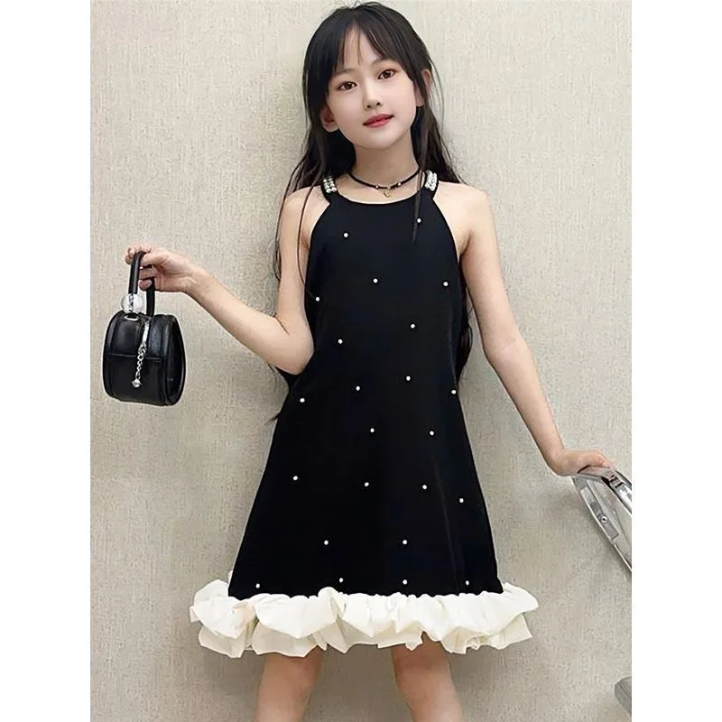 

2025 Summer Kids girls lace polka dot sleeveless splicing tutu Dresses layered Princess Children braces teenager 4 8 12 10 Year