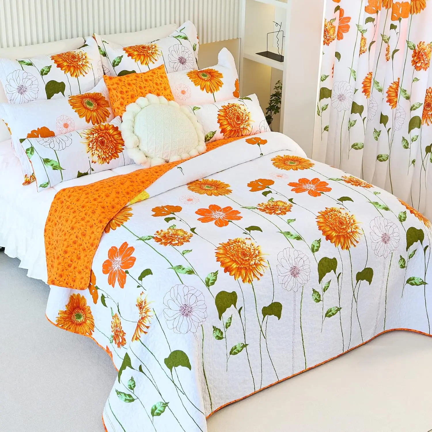 100% Cotton Quilt King Size Orange Sunflower Bedding Set Floral Lightweight Quilt Reversible Coverlet Bedspread with 2 Pillow