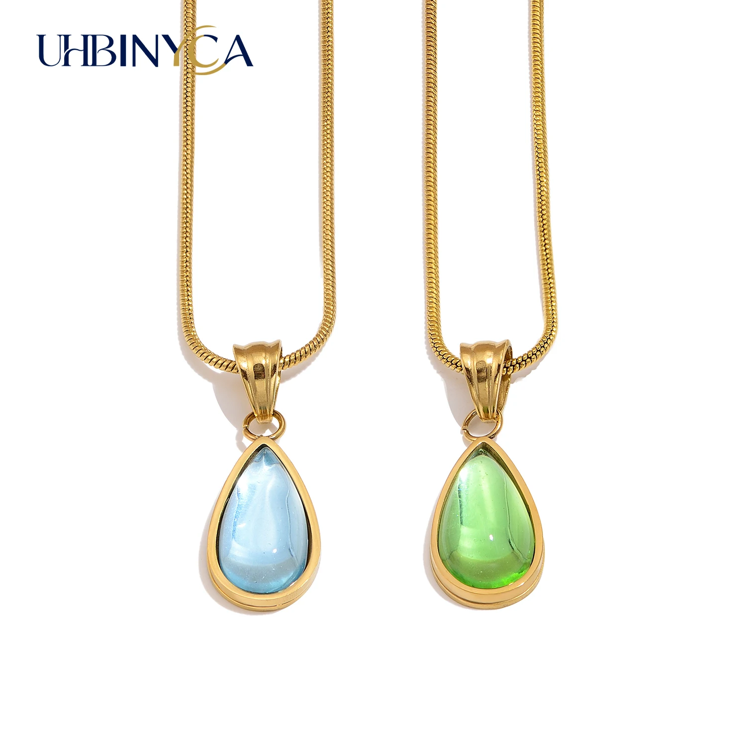 Blauer Ozean Wassertropfen Anhänger Halskette für Damen 18K vergoldet polierter Edelstahl hypoallergen klassisches Design Schmuck