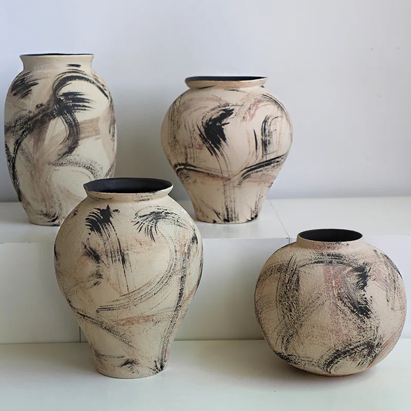 

Vintage antique pottery pot oil painting style pottery vase ornament living room flower arrangement wabi sandy wind Nordic home