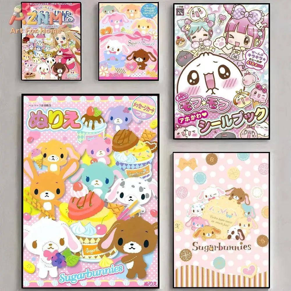 AZNM Sugarbunnies Kawaii Sanrio Characters Canvas Wall Art Print, Cute Japanese Anime Magazine Cover Style Poster for Girls Kids