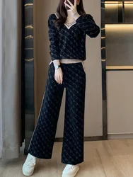 Vintage Printed Knitted Pants Sets For Women 2024 Elegant Fashion V-neck Sweater+Wide Leg Pants Suit 2 Piece Sets Women's Outfit