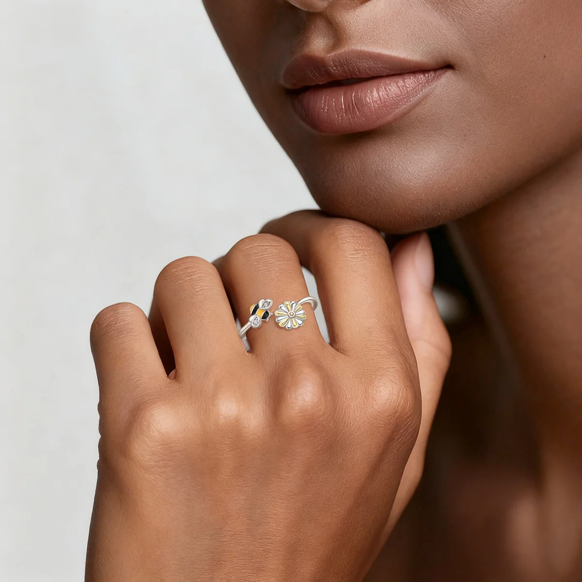 Ring Original 925 Silver Yellow Bee Flowers Plants And Insects Ring Valentine's Anniversary Fine Women Gift Accessory