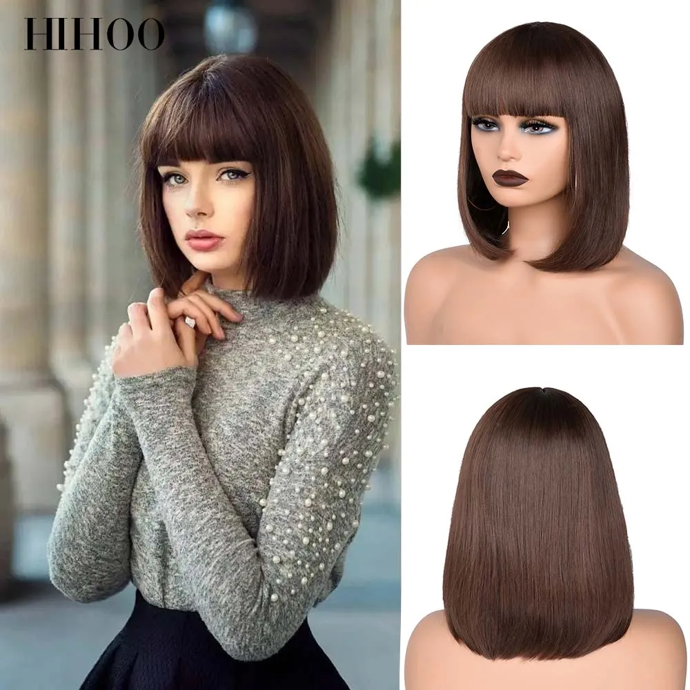 Short Straight Bob Wig for Women Synthetic Wigs Brown to Blonde Ombre Natural Fake Hair Heatresistant Wig Pink Wig With Bangs