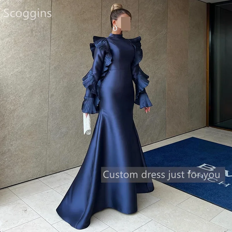 Scoggins فساتين سهرة Customize Evening Dress A-Line Scoop Neckline Floor-Length Zipper Up Long Sleeves Wedding Dress Cocktail