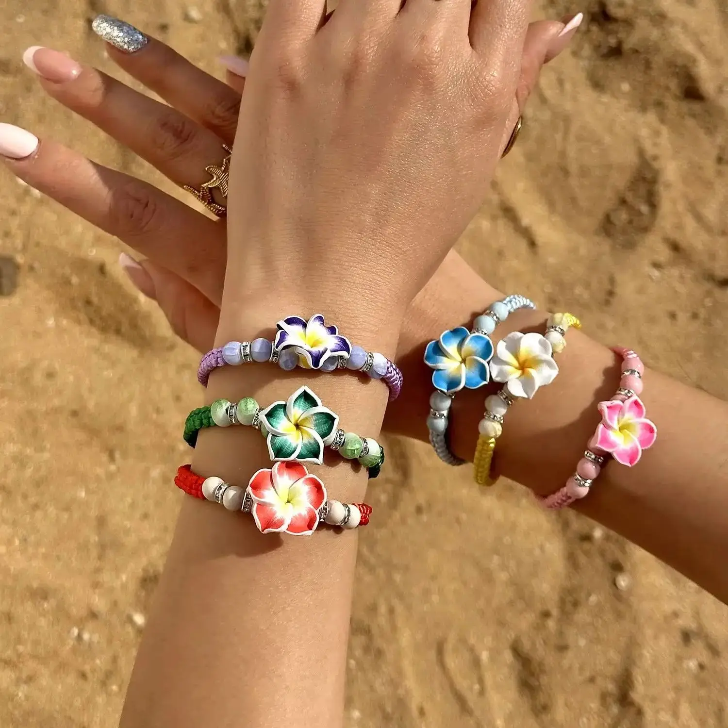 Bohemian Polymer Clay Plumeria Flower Woven Bracelet for Women Colorful Braided Rope Wrist Chain Travel Beach Party Jewelry Gift