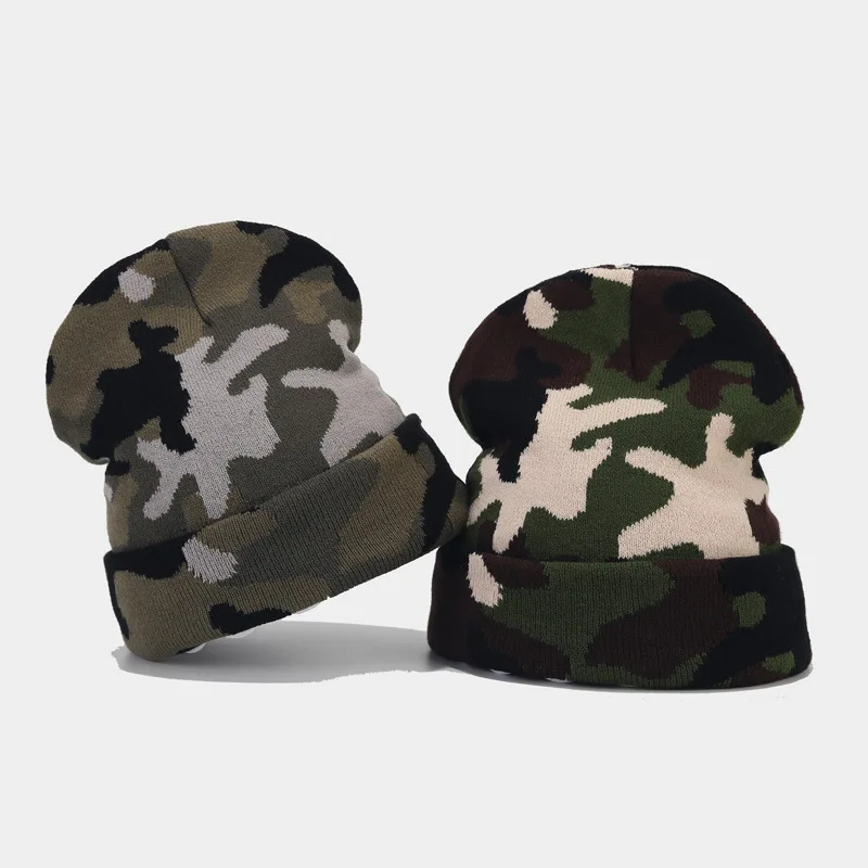 

Autumn Winter Keep Warm Knitted Hat Unisex Casual Camouflage Jacquard Roll-brimmed Cap Winter Elastic Cold Bonnet