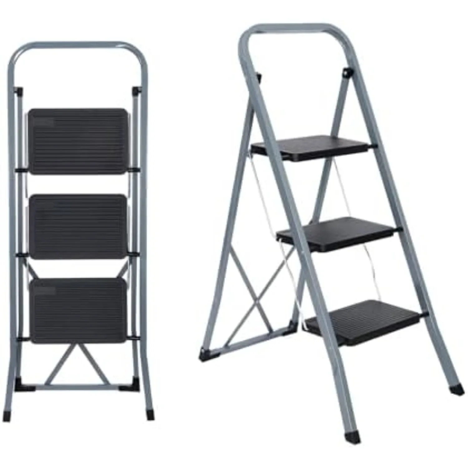 3 Step Folding Ladders with Wide Anti-Slip Platform, Lightweight Steel Ladder, 330 lbs Load Capacity Step Ladder